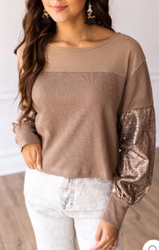 TAN WAFFLE KNIT TOP WITH MESH AND SEQUIN DETAILS