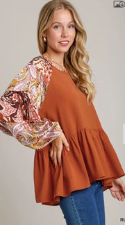 Umgee BabyDoll Print Sleeve Top