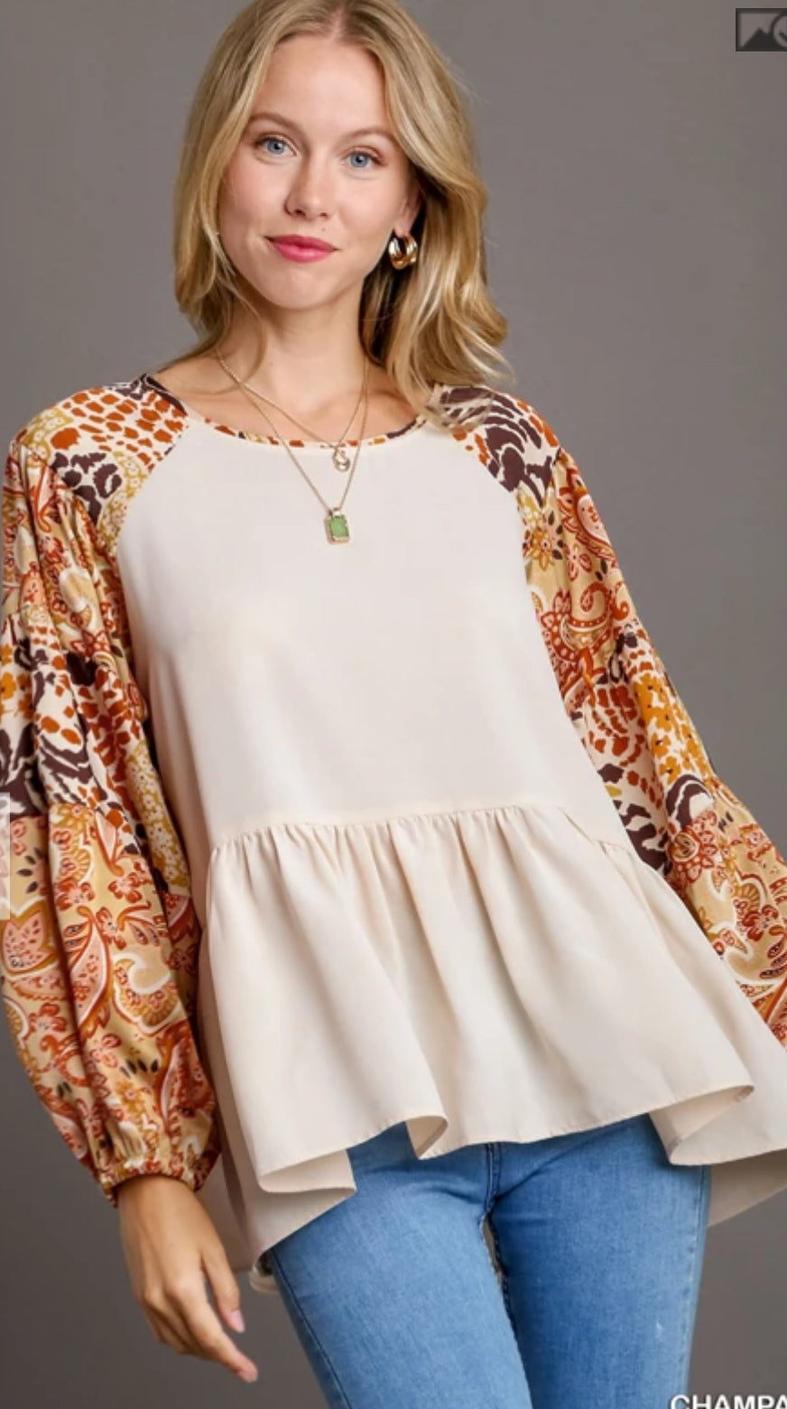 Umgee BabyDoll Print Sleeve Top