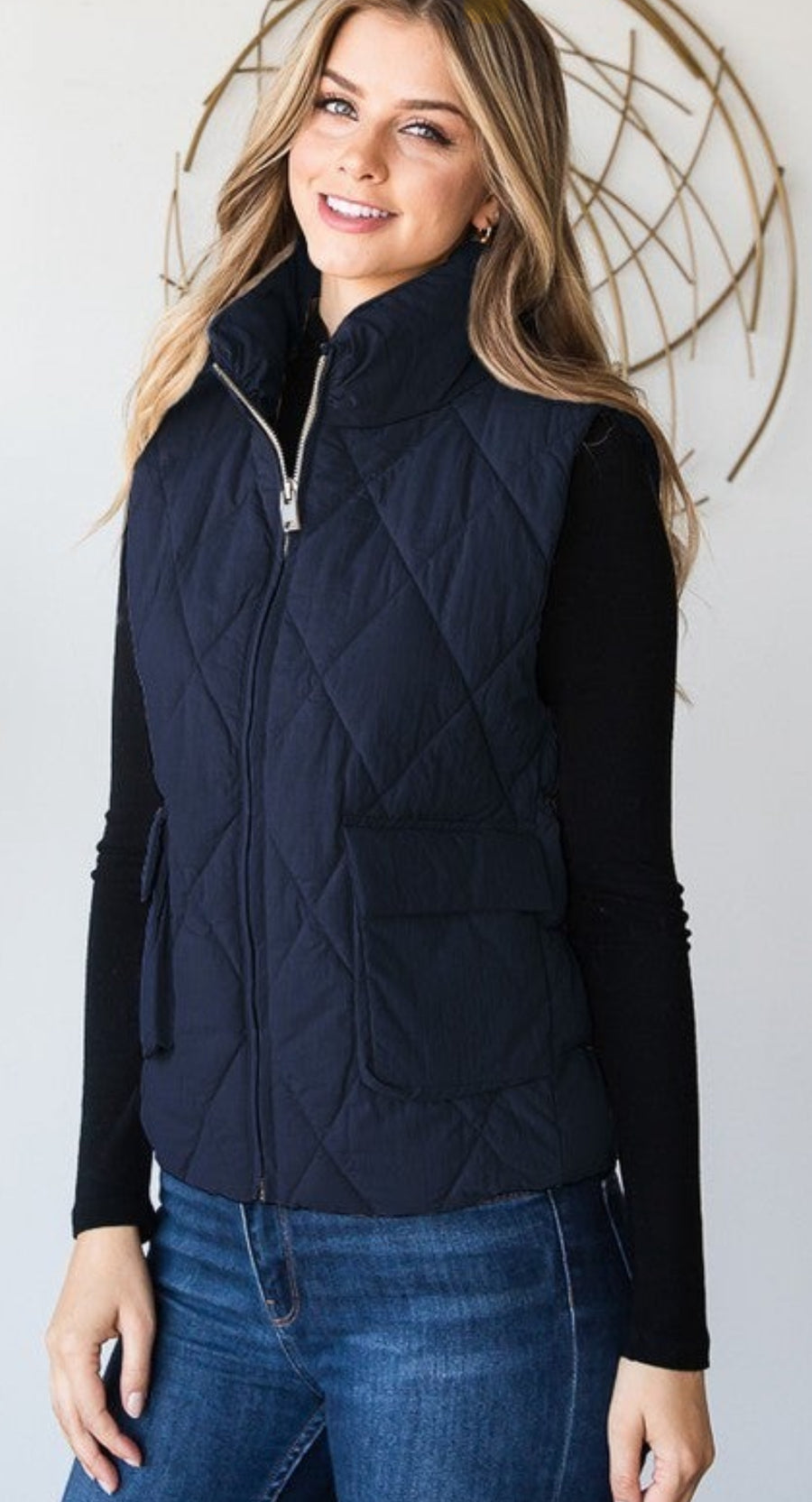 Navy Sleeveless Collar Quilted Vest