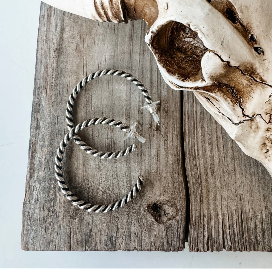 Western Rope Silver Hoop Earrings