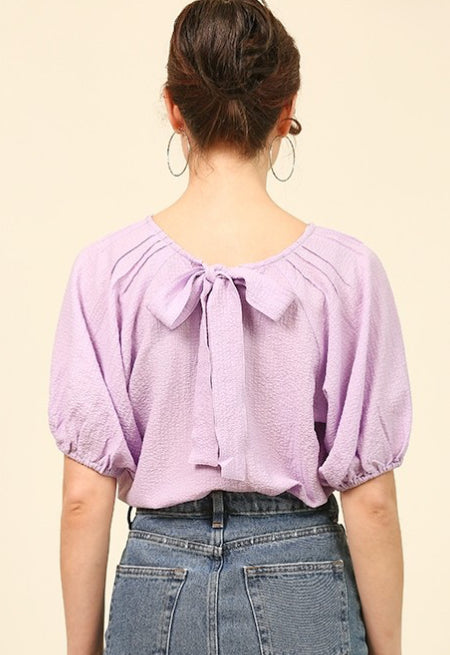 Solid Textured Woven Puff Sleeve Top with Back Bow tie