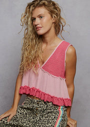 POL Sleeveless Contrast Thermal Cropped Babydoll Top