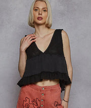 POL Sleeveless Contrast Thermal Cropped Babydoll Top