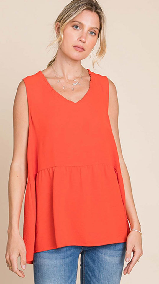 Hot Coral V Neck Sleeveless Top Plus