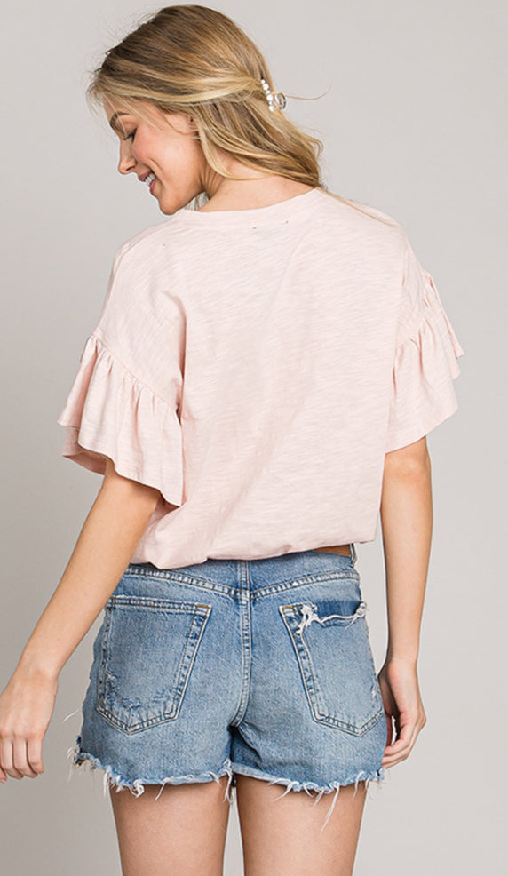 Washed Cotton Ruffle Sleeve Top
