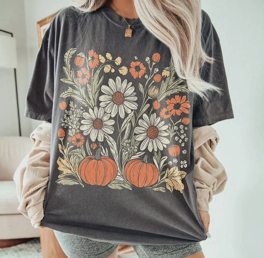Boho Fall Floral Crew Neck Comfort Color Tee