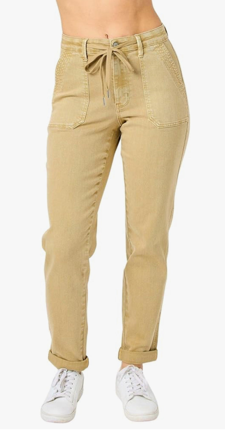 Judy Blue High Waist Garment Dyed Khaki Cuffed Jogger Denim