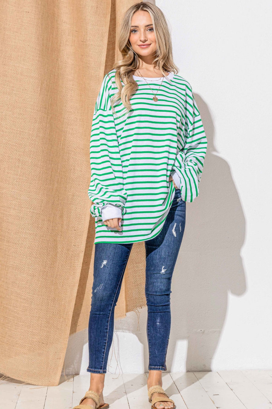 And The Why Oversized Striped Balloon Sleeve Top